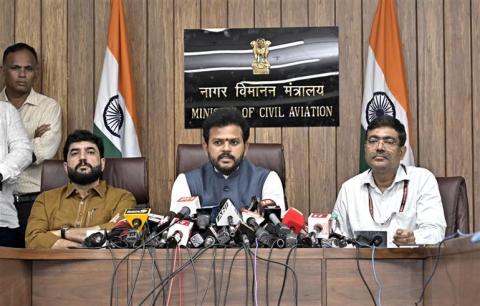 The Union Minister for Civil Aviation, Shri Kinjarapu Ram Mohan Naidu addressing a Press Conference on the Air India plane crash in Ahmedabad and also expressed deep sorrow over the incident at Udan Bhawan, in New Delhi on June 14, 2025.