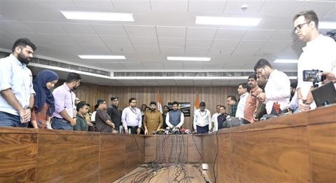 The Union Minister for Civil Aviation, Shri Kinjarapu Ram Mohan Naidu addressing a Press Conference on the Air India plane crash in Ahmedabad and also expressed deep sorrow over the incident at Udan Bhawan, in New Delhi on June 14, 2025.